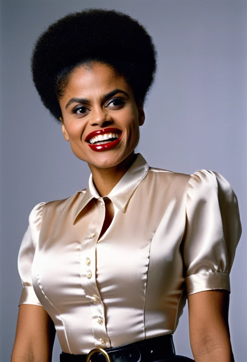 closeup shot in 1960, (muscular evil angry Zazie Beetz showing closed teeth with flared nostrils and furrowed brows:1.5) in a (closed satin skintight buttondown band collar blouse with large shoulder-pads and extremely tight belt:1.6), tight hairbun, silk gloves, (widened eyes), (muscular arms), subtle evil stare with flared nostrils, large shoulder-pads, (evil laugh), skintight satin pants defining her body, uptight, popped collar, stiff posture
