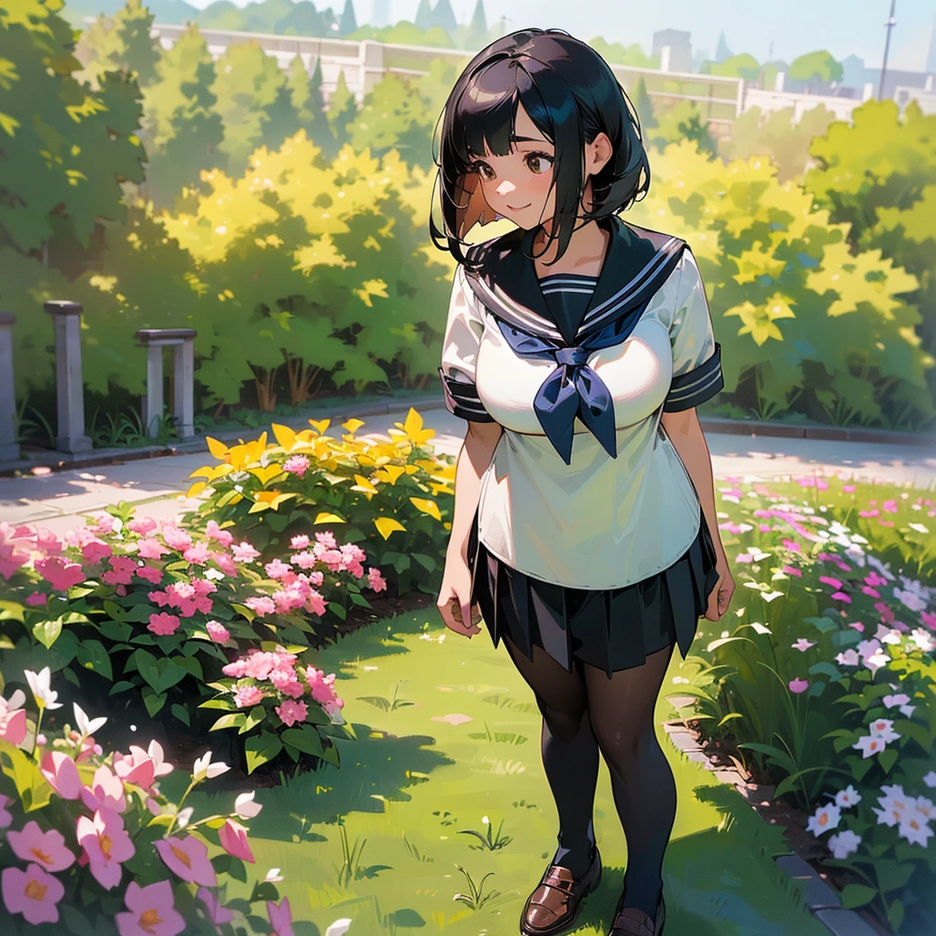 (Highest quality, High resolution, Super detailed, Realistic:1.37), Peaceful atmosphere, (Outdoor, garden), Teenage girl standing alone,(my breasts are big.),Beautifully detailed features, Cute Smile, ((Black bob hair)),Short-sleeved sailor uniform, Pleated skirt,Black tights,Brown leather shoes.