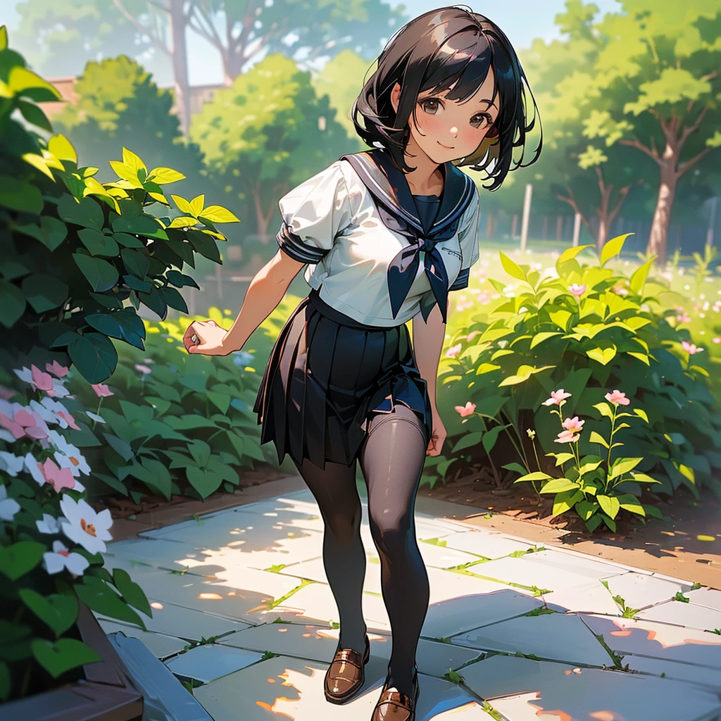 (Highest quality, High resolution, Super detailed, Realistic:1.37), Peaceful atmosphere, (Outdoor, garden), Teenage girl standing alone,(my breasts are big.),Beautifully detailed features, Cute Smile, ((Black bob hair)),Short-sleeved sailor uniform, Pleated skirt,Black tights,Brown leather shoes.