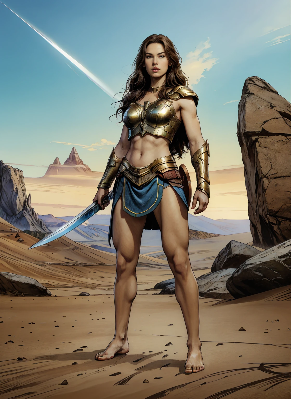 ((Full body photo, standing, feet on the ground)) Alison Tyler as a Valkyrie of Asgard, blue eyes, long brown hair, perfect body, Lady Knight, correct anatomy, holding a great magic sword, epic fantasy digital art, masterpiece, 8k, high definition resolution, detailed drawing, Superior Quality, Epic Composition, barefoot
