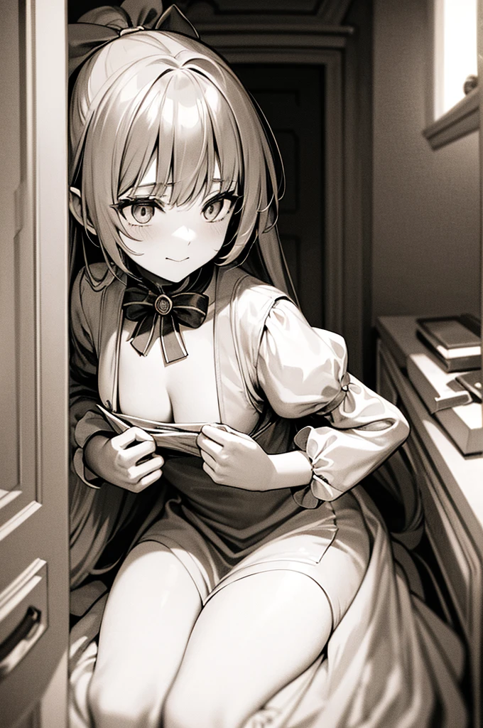 Alice from Alice in Wonderland very busty, outgrowing a room. Hands pressing against the walls. A look of utter pleasure on her face. Walls closing in on her. Near the bottom is very small furniture, around an eight of her size