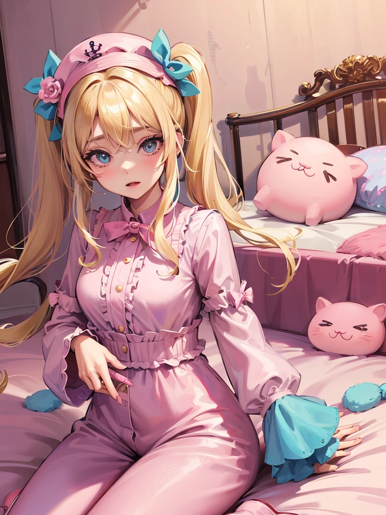 an adult woman, blonde with two pigtails with a bow each pink, pink jumpsuit dress, she has blue eyes, a pink hat on her head, she is in her room alone on her bed