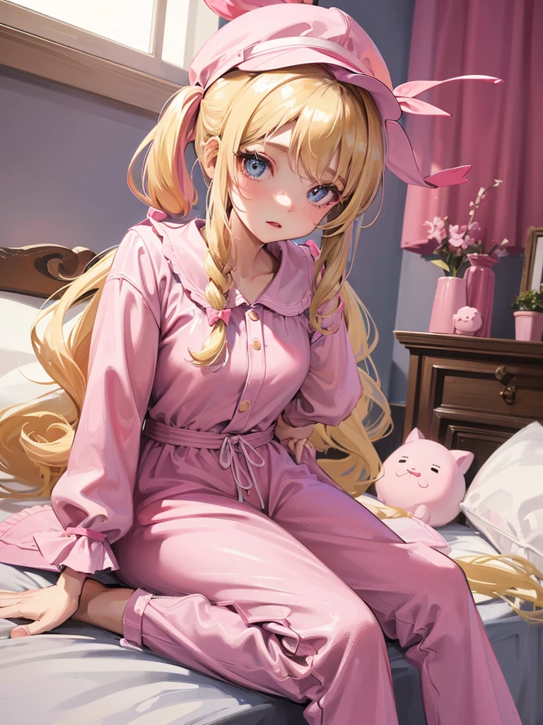 an adult woman, blonde with two pigtails with a bow each pink, pink jumpsuit dress, she has blue eyes, a pink hat on her head, she is in her room alone on her bed