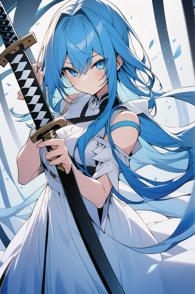 girl, long blue hair, blue eyes, white dress, with a katana