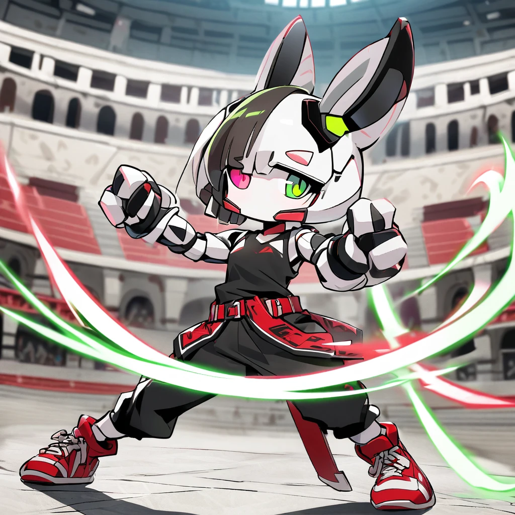 (well done: 1) solo humanoid white rabbit, dark pink left eye, green right eye, black tank top, bands on the hands up to the forearms, black pants with a red belt on the waist, red sneakers with black details. in a battle pose in a coliseum.