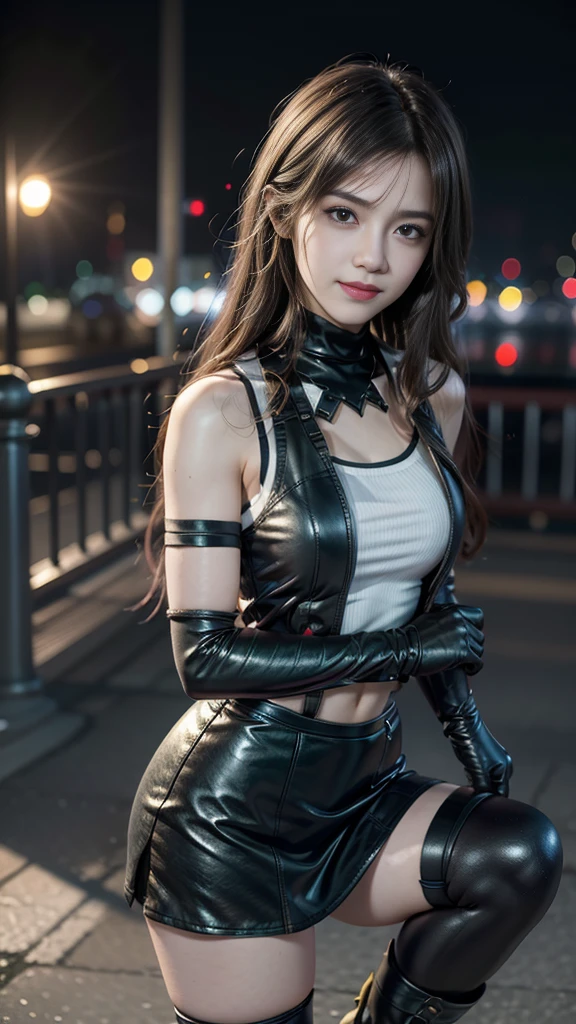 (8K, best quality, masterpiece: 1.2), (Practical, Reality: 1.37), Super Detail, A girl, Lovely, Solitary, (Tifa Lockhart), (Small Breasts), (漂亮的Eye), (Smile: 1.2), (closure), posture, dance, neon, city View, Depth of Field, Dark intense shadows, Clear focus, car, Motion Blur, 摩托car, Depth of Field, work, Glowing green, Final Fantasy VII, date, (nose brush), single Elbow pads, Ankle boots, Black Hair, extra short leather skirt, black thighs, Red boots, Elbow gloves, Elbow pads, Fingerless gloves, Tight shirt, Good exercise, (suspender extra short leather skirt), thigh, White vest, whole body, Headrest, Lips, Pretty Face, Low-tied long hair, (Red_Eye)), Flowers, (night: 1.3), complicated, Bokeh, light, Photon Mapping, Radiosity, Physically Based Rendering, (Tetsuya Nomura style)