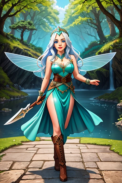 (best quality:1.3), (4K quality),masterpiece, best quality, high res, detailed, (Detailed face:1.2), (Detailed eyes:1.2), (Perfect figure:1.2), Fantasy style, Fantasy environment, solo, 1girl, fairy, wings, pale blue skin, long white hair, blue eyes, confident smile, silver headpiece, long green dress, leather belt, brown leather gloves, brown leather boots, holding a sword, landscape of a beautiful forest