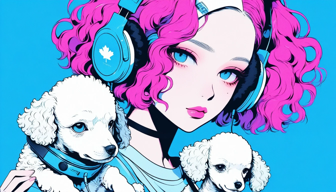 Illustrator, anime , Realistic ,sketch , A girl holding a cute poodle puppy wearing headphones, ,lip, T-shirt,order,Textured Trim, (masterpiece,Highest quality) Blue background, Neon Hair,Textured Trim, Canadian, (masterpiece,Highest quality) Cancer，