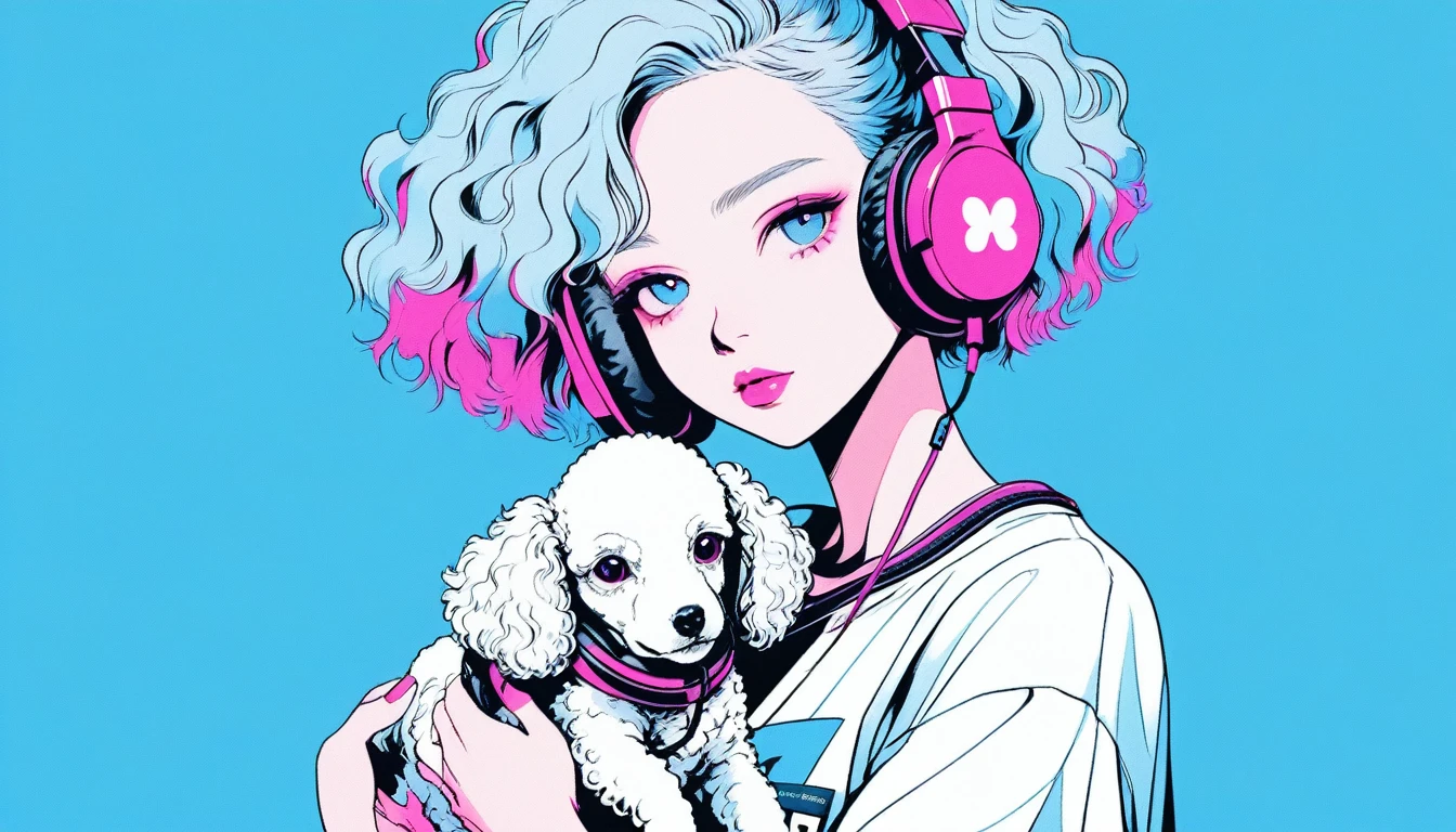 Illustrator, anime , Realistic ,sketch , A girl holding a cute poodle puppy wearing headphones, ,lip, T-shirt,order,Textured Trim, (masterpiece,Highest quality) Blue background, Neon Hair,Textured Trim, Canadian, (masterpiece,Highest quality) Cancer,