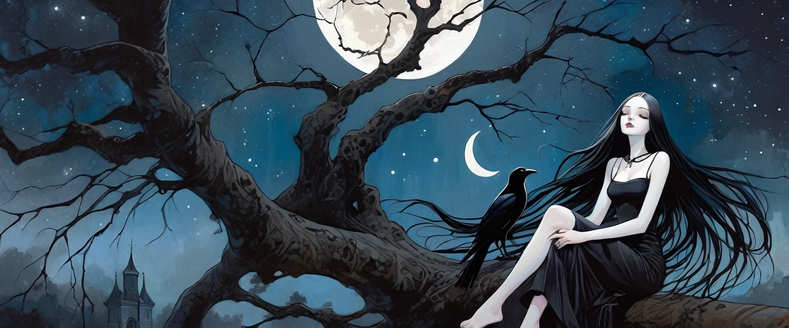 Sexy gothic girl, long black and straight hair, tight black t-shirt and jeans, small breasts, pale white skin tone, ankh symbol, a dark crow accompanies her, sitting under a tree with convoluted branches, magic, fantastic, night sky, moon , stars, background (simple oil painting in a Dave mcKean style)