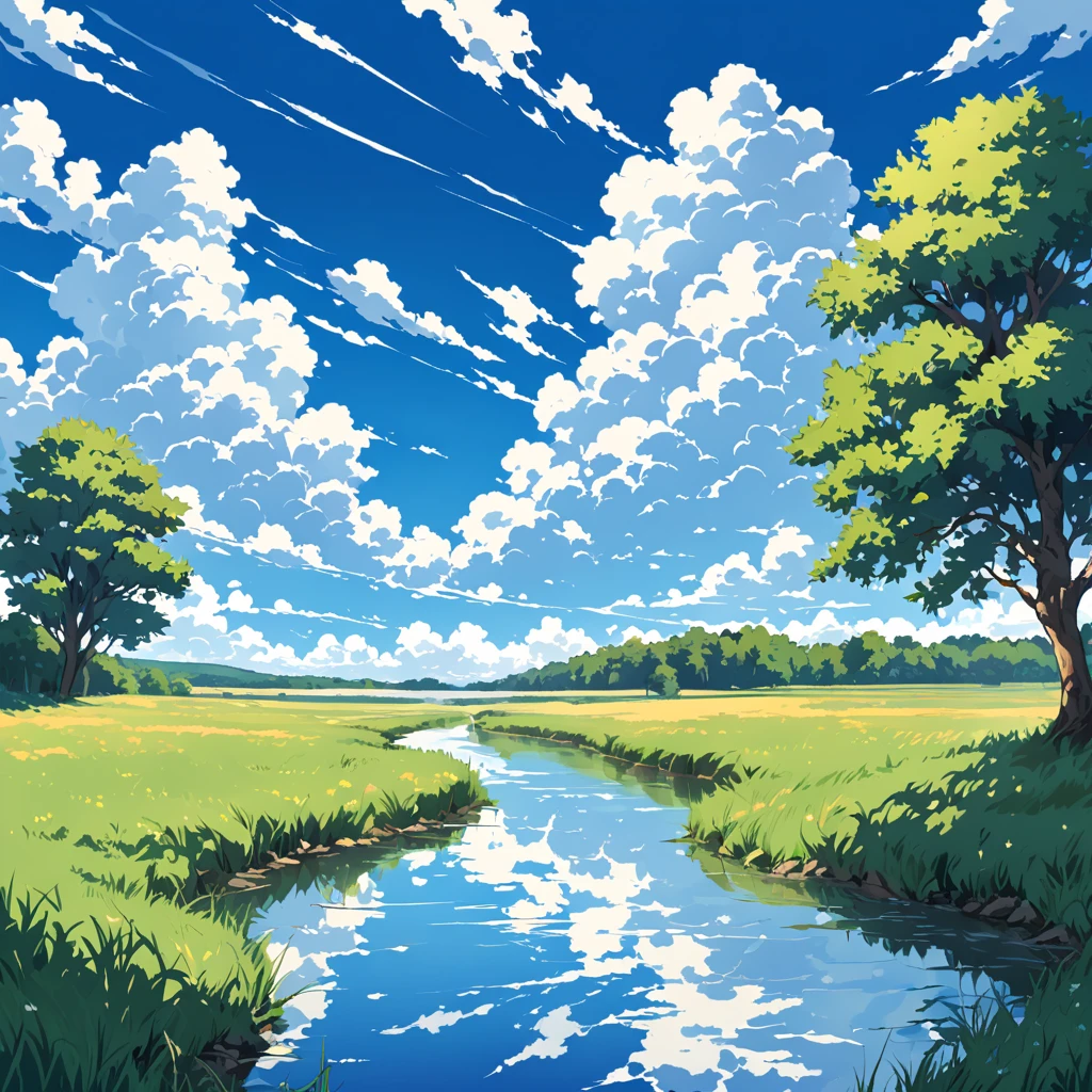 Background painting, summer countryside, grass and trees, waterways, summer sky and incoming clouds, clear contrast between sun and shadow, 8KHDR