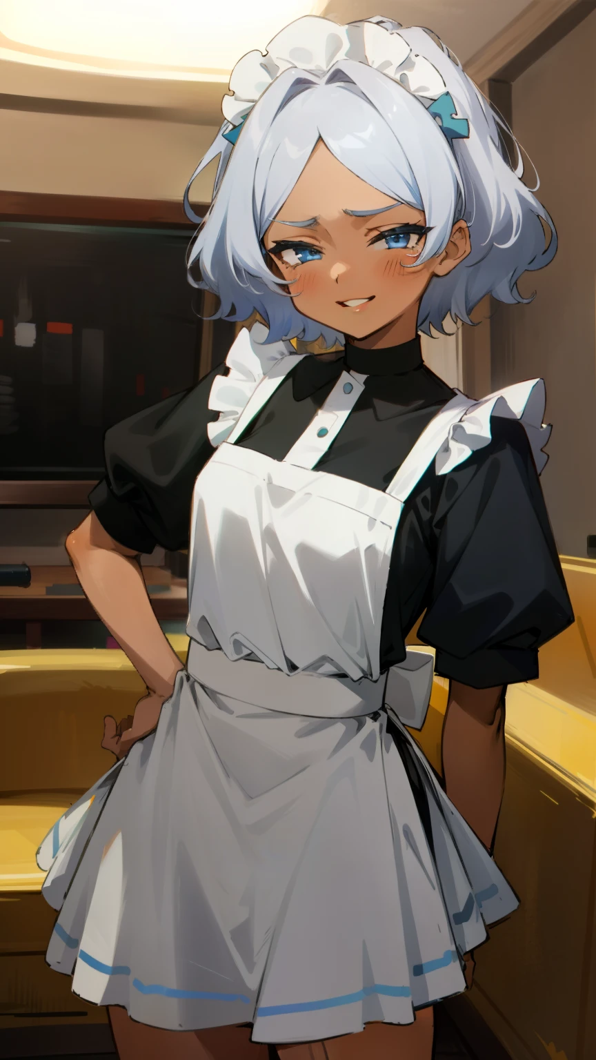 (Masterpiece), Best Quality, ultra-detailed,  1girl (Secelia Dote, short hair, dark  skin, blue eyes, half-closed eyes), wicked smile, parted lips, solo, maid (black), frill, apron, maid headdress, ultra mini skirt, in the livingroom, standing, Sexy waist teasing, come-on, temptation 