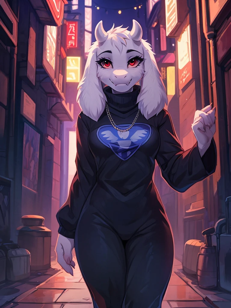 By hioshiru, by fumiko, by hyattlen, Kaori, Ross Tran, ruan jia, trending on artstation, (((Toriel))), (Female goat anthro:1.3), (White fur:1.1), (walking towards viewer:1.3), (Foggy night alley:1.23), (Blank expression:1.3), (detailed eyes), (sharp red eyes), detailed background, 8k hd, (dark shadows, wide dynamic range, hdr, low light:1.2), (Thin physique), black eyeshadow, (black turtleneck, silver necklace, black dress pants), ((Gothic)), Close-up 