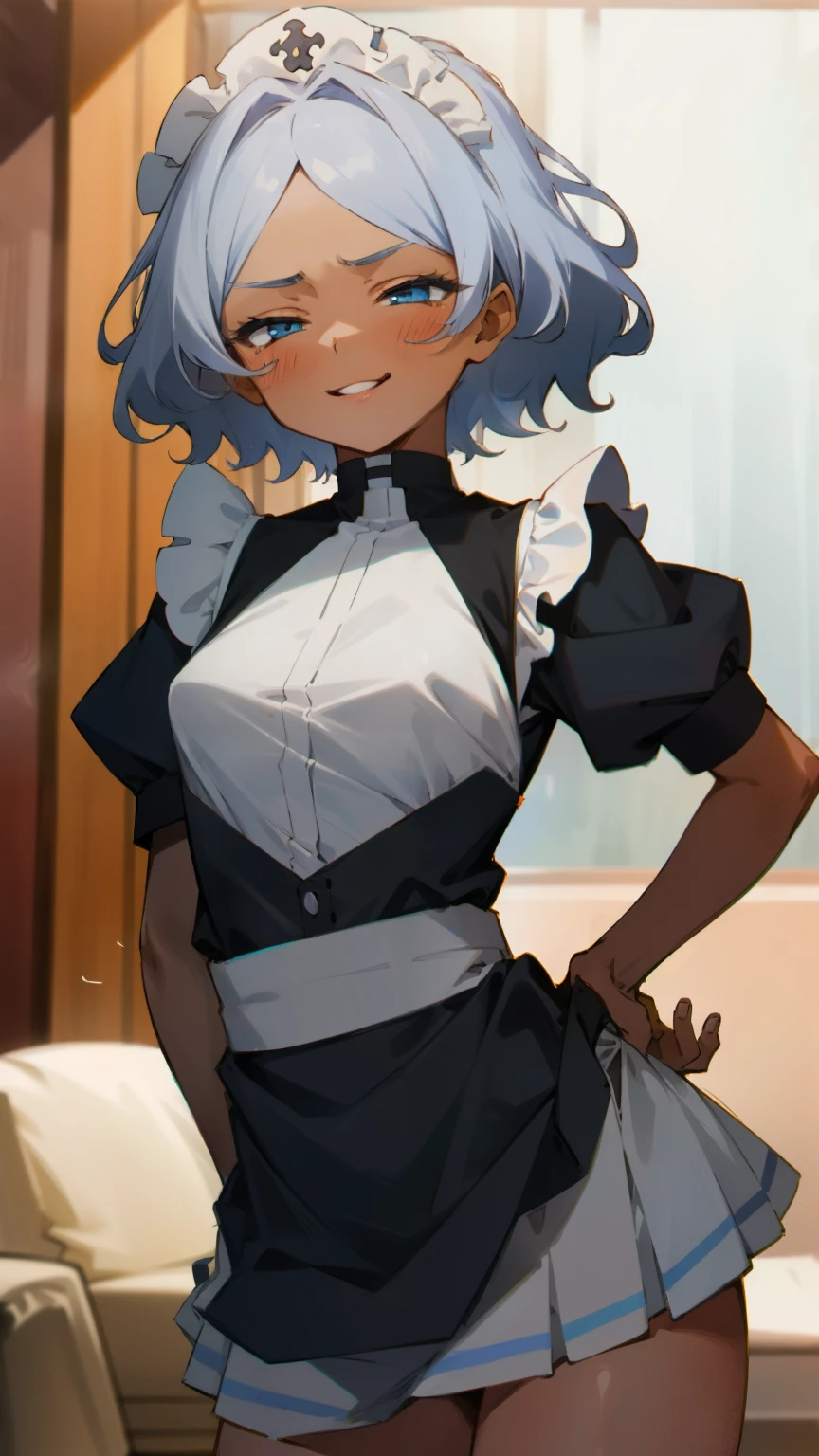 (Masterpiece), Best Quality, ultra-detailed,  1girl (Secelia Dote, short hair, dark  skin, blue eyes, half-closed eyes), wicked smile, parted lips, solo, maid (black), frill, apron, maid headdress, ultra mini skirt, in the livingroom, standing, Sexy waist teasing, come-on, temptation 