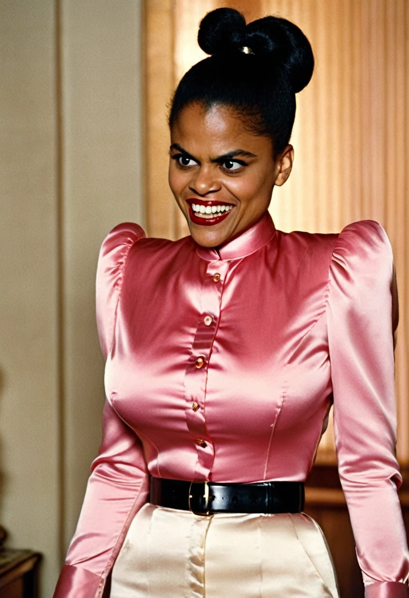 closeup shot in 1960, (muscular evil angry Zazie Beetz showing closed teeth with flared nostrils and furrowed brows:1.5) in a (closed satin skintight buttondown band collar blouse with large shoulder-pads and extremely tight belt:1.6), tight hairbun, silk gloves, (widened eyes), (muscular arms), subtle evil stare with flared nostrils, large shoulder-pads, (evil laugh), skintight satin pants defining her body, uptight, popped collar, stiff posture