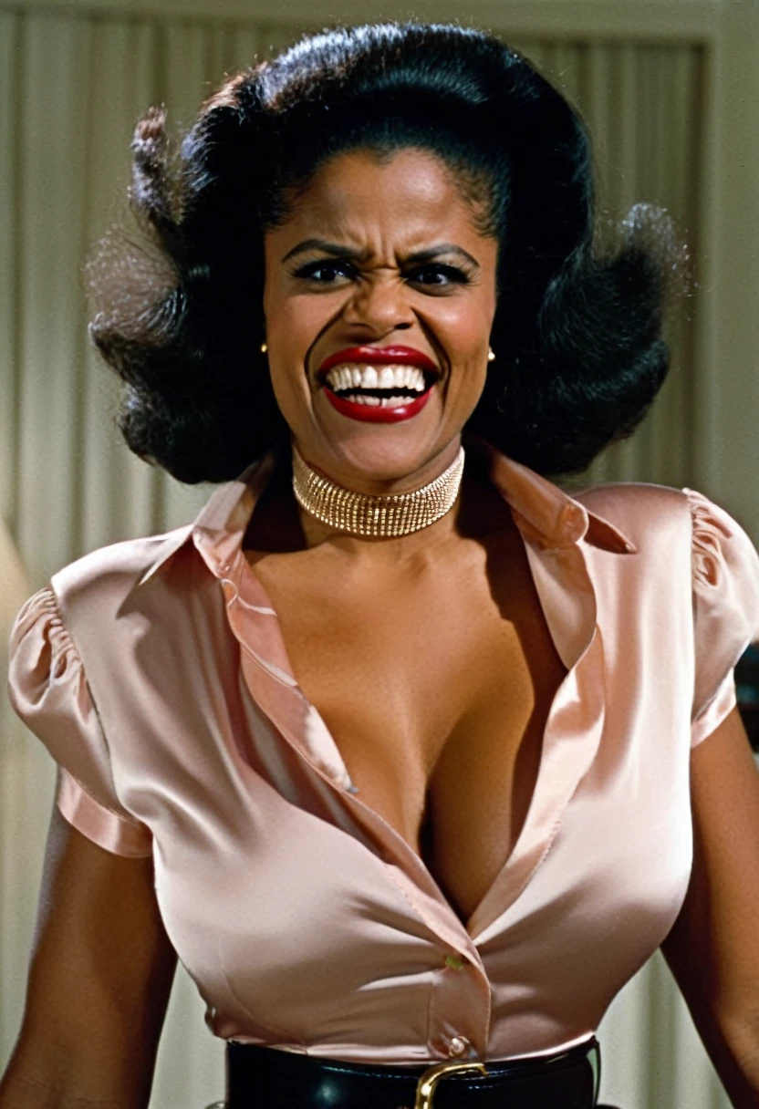 closeup shot in 1960, (muscular evil angry Zazie Beetz showing closed teeth with flared nostrils and furrowed brows:1.5) in a (closed satin skintight buttondown band collar blouse with large shoulder-pads and extremely tight belt:1.6), tight hairbun, silk gloves, (widened eyes), (muscular arms), subtle evil stare with flared nostrils, large shoulder-pads, (evil laugh), skintight satin pants defining her body, uptight, popped collar, stiff posture