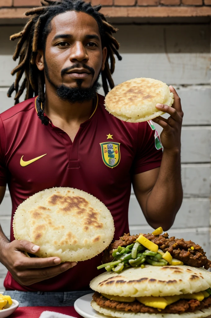 Jamaican Rastafari eating Venezuelan arepa dressed in La vinotinto national soccer team uniform