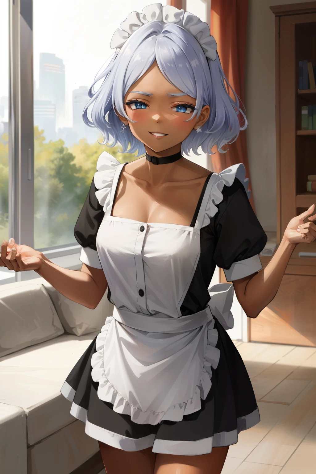 (Masterpiece), Best Quality, ultra-detailed,  1girl (Secelia Dote, short hair, dark  skin, blue eyes, half-closed eyes), wicked smile, parted lips, solo, maid (black), frill, apron, maid headdress, ultra mini skirt, in the livingroom, standing, Sexy waist teasing, come-on, temptation 