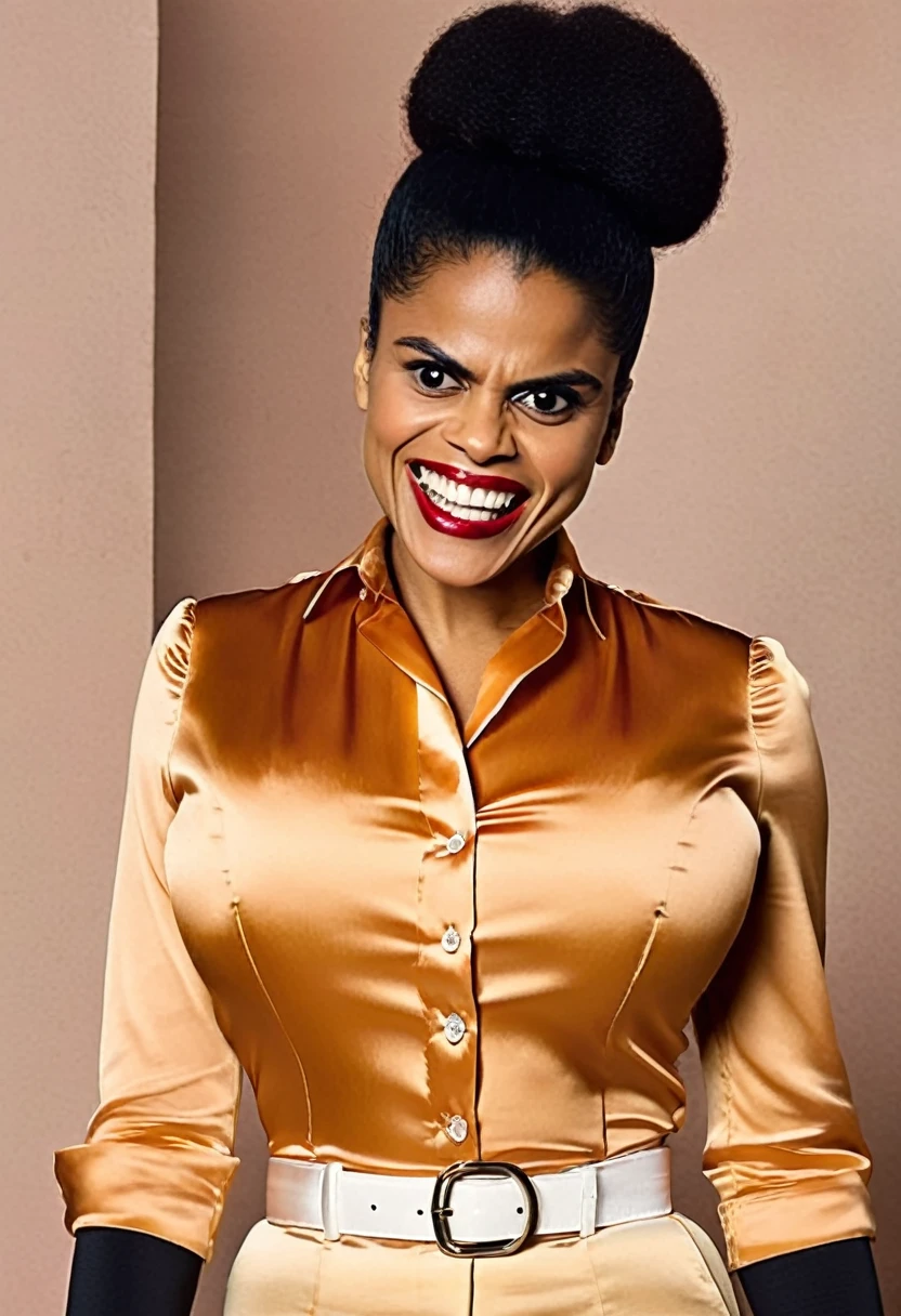 closeup shot in 1960, (muscular evil angry Zazie Beetz showing closed teeth with flared nostrils and furrowed brows:1.5) in a (closed satin skintight buttondown band collar blouse with large shoulder-pads and extremely tight belt:1.6), tight hairbun, silk gloves, (widened eyes), (muscular arms), subtle evil stare with flared nostrils, large shoulder-pads, (evil laugh), skintight satin pants defining her body, uptight, popped collar, stiff posture