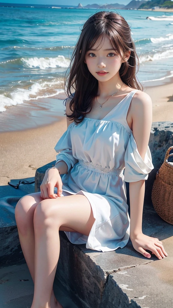 Full Body Shot、Tropical sandy beach、(masterpiece、8K、RAW Photos、wonderful、最high quality、Very detailedな CG 統合 8K 壁紙、high quality、Very detailed、narrative poem、Depth of written boundary、Cinematic Light、Lens flare)、Black-haired、Beautiful Face、True Face、Beautiful details、eye、Beautiful Skin)、髪がWindで踊る、Hair flutters in Wind、Hair bounces、wonderful景色、Morning Glow、Sun in the background、Wind、