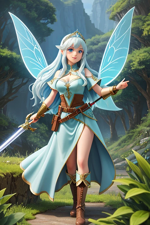 (best quality:1.3), (4K quality),masterpiece, best quality, high res, detailed, (Detailed face:1.2), (Detailed eyes:1.2), (Perfect figure:1.2), Fantasy style, Fantasy environment, solo, 1girl, fairy, wings, pale blue skin, long white hair, blue eyes, confident smile, silver headpiece, long green dress, leather belt, brown leather gloves, brown leather boots, holding a sword, landscape of a beautiful forest
