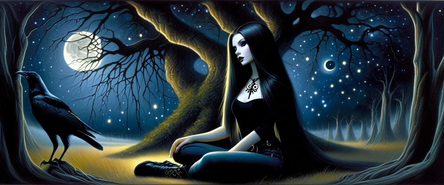 Sexy gothic girl, long black and straight hair, tight black t-shirt and jeans, small breasts, pale white skin tone, ankh symbol, a dark crow accompanies her, sitting under a tree with convoluted branches, magic, fantastic, night sky, moon , stars, background (simple oil painting in a Dave mcKean style)
