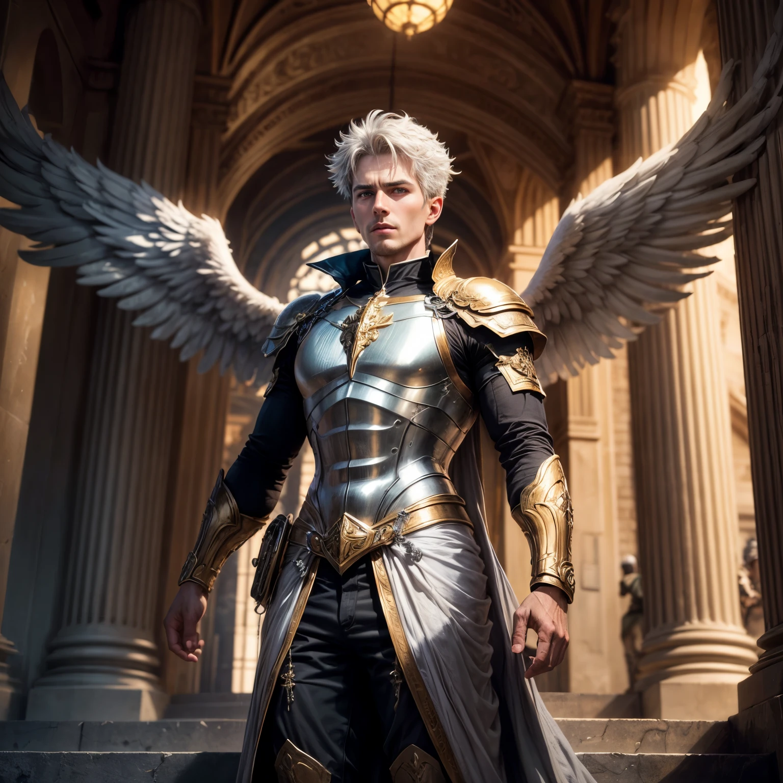 Tall male angel, War hero, Archangel Gabriel, Front view of the face, The scene takes place in the Heavenly Palace, Standing on the steps, A cold overlook, Looking at the audience, Spread your huge wings, Detailed face and eyes, The female angel stands below，Towards Gabriel, They are holding a war mobilization meeting, fantasy, White、golden and silver colors, (best quality,Very detailed,masterpiece,Human Development Report,Ultra HD,potassium:1.3),professional,Practical,RAW photos,Bright colors