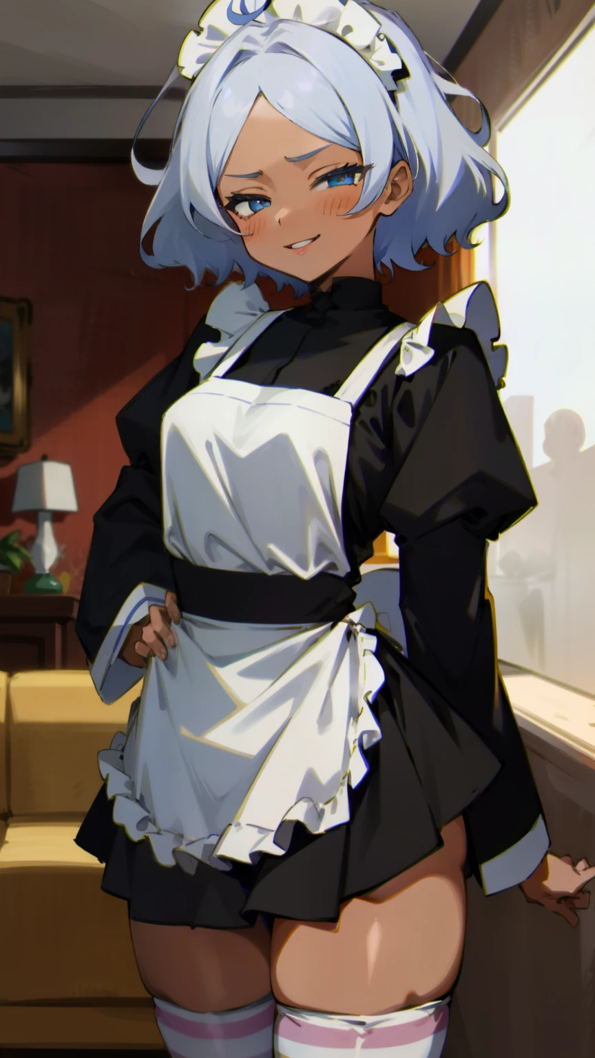 (Masterpiece), Best Quality, ultra-detailed,  1girl (Secelia Dote, short hair, dark  skin, blue eyes, half-closed eyes), wicked smile, parted lips, solo, maid (black), frill, apron, maid headdress, ultra mini skirt, black lace thighhighs, garterbelt, in the livingroom, standing, Sexy waist teasing, come-on, temptation 