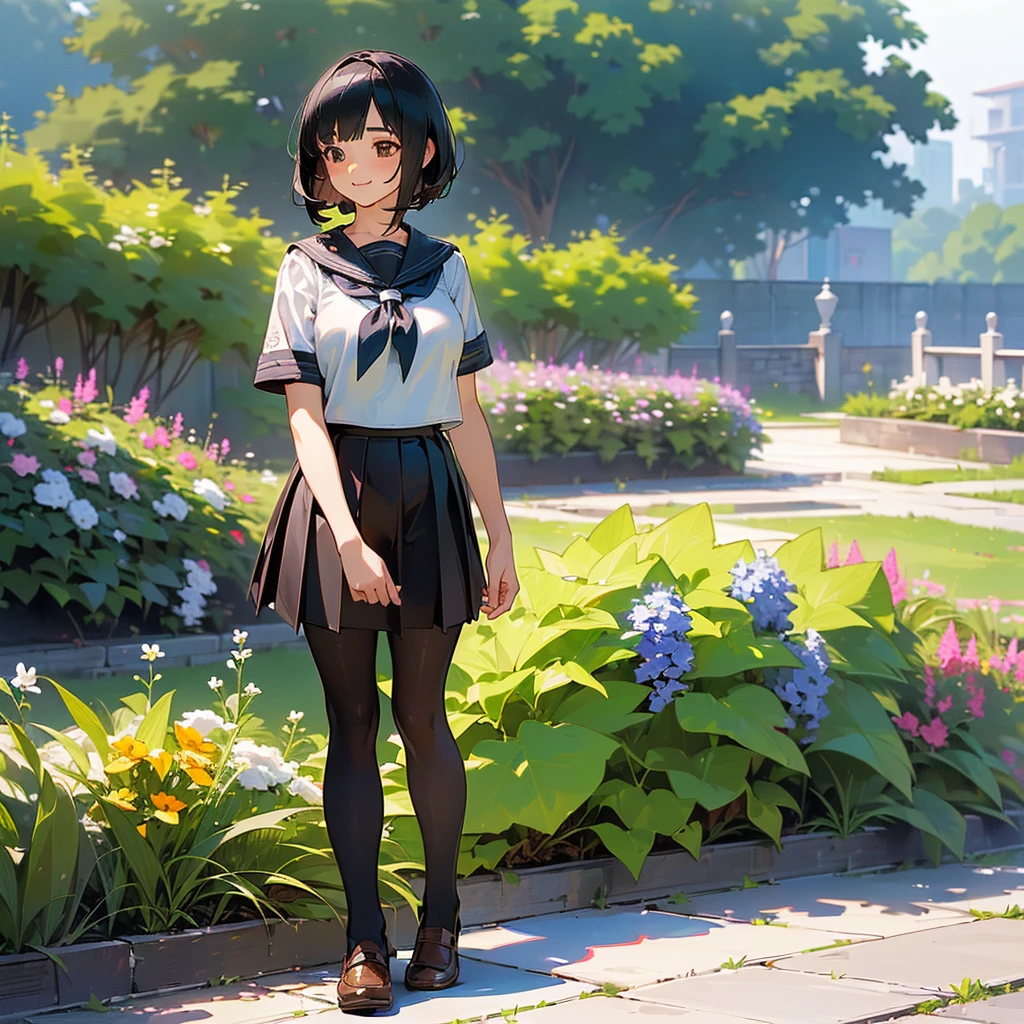 (Highest quality, High resolution, Super detailed, Realistic:1.37), Peaceful atmosphere, (Outdoor, garden), age girl standing alone,(my breasts are big.),Beautifully detailed features, Cute Smile, ((Black bob hair)),Short-sleeved sailor uniform, Pleated skirt,Black tights,Brown leather shoes.