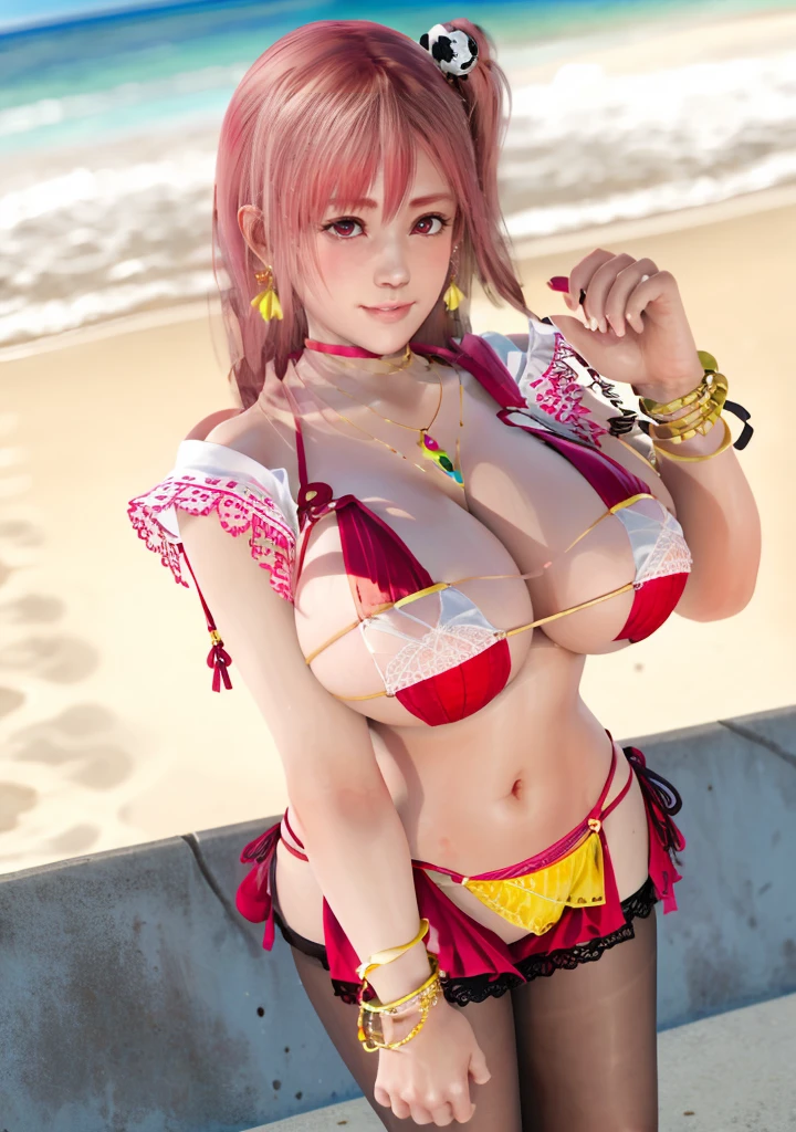 Honoka, Pink bikini ，Super short pleated skirt, bracelet，ring, university student，Pink Hair，Huge breasts，Cleavage，Low-cut，miniskirt，pantyhose，cute，necklace，earrings，beach，drinks，lemon，Sunset，Lace，shy，Ice cream，orange juice