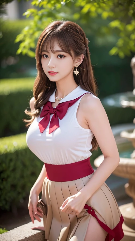 (, high resolution, Ultra Detailed, nffsw), On the table, best quality, SAMA1, Tira, Sailor warrior, White gloves, Red sailor collar, Red Skirt, Star necklace, Elbow groove, Pleated Skirt, Bare legs, Purple bow, Cowboy photoshoot, outdoor, Bokeh (85mm lens), Front camera, Gentle expression, wind blowing hair, fluffy hair, hair ((Brown)), Ponytail, Casual hairstyles, Blonde hair, Mole under left eye, Perfect body, Big breasts, Large Breasts, Top quality wearing hair ribbons, Earrings of top quality, garden，fountain
