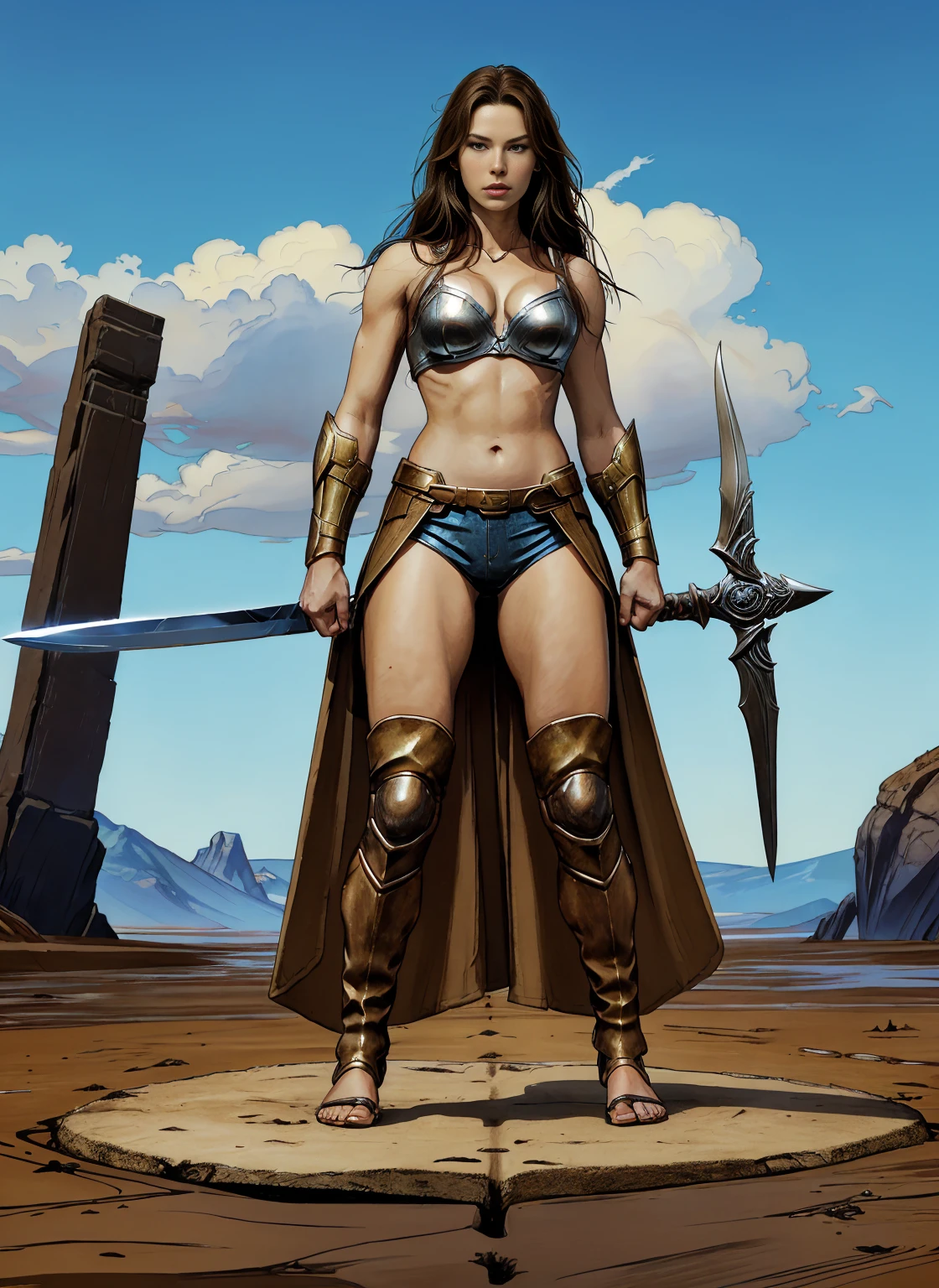 realistic comic style, Viking warrior woman, sexy armor, glasshour body, full body, comic strip line illustration art, fine lines are obviously tough, brushstrokes are complex and changeable, bold and colorful colors, background is a group of Vikings supporting her, art by Kim Jung Gi,