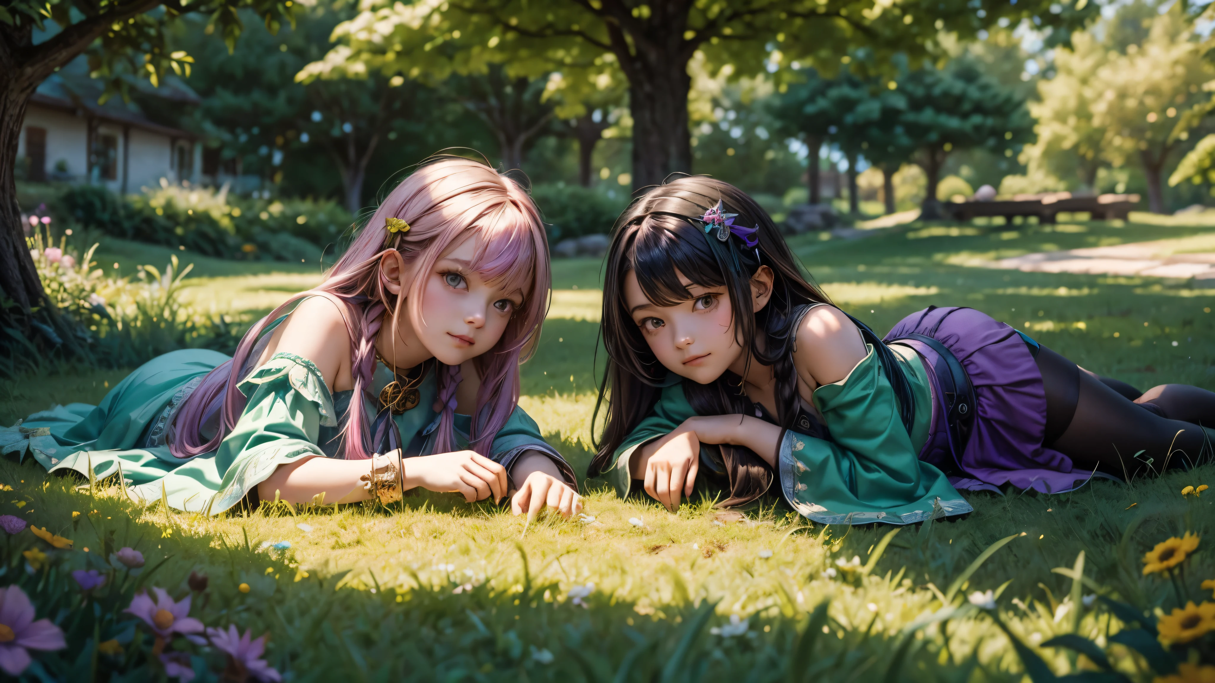Two Fantasy alchemist s lying on a green lawn. The two girls are friends and are resting, because they went on a magical journey. (many colors in hairs) (Abundant Spectrum of Color Shades and Hues)