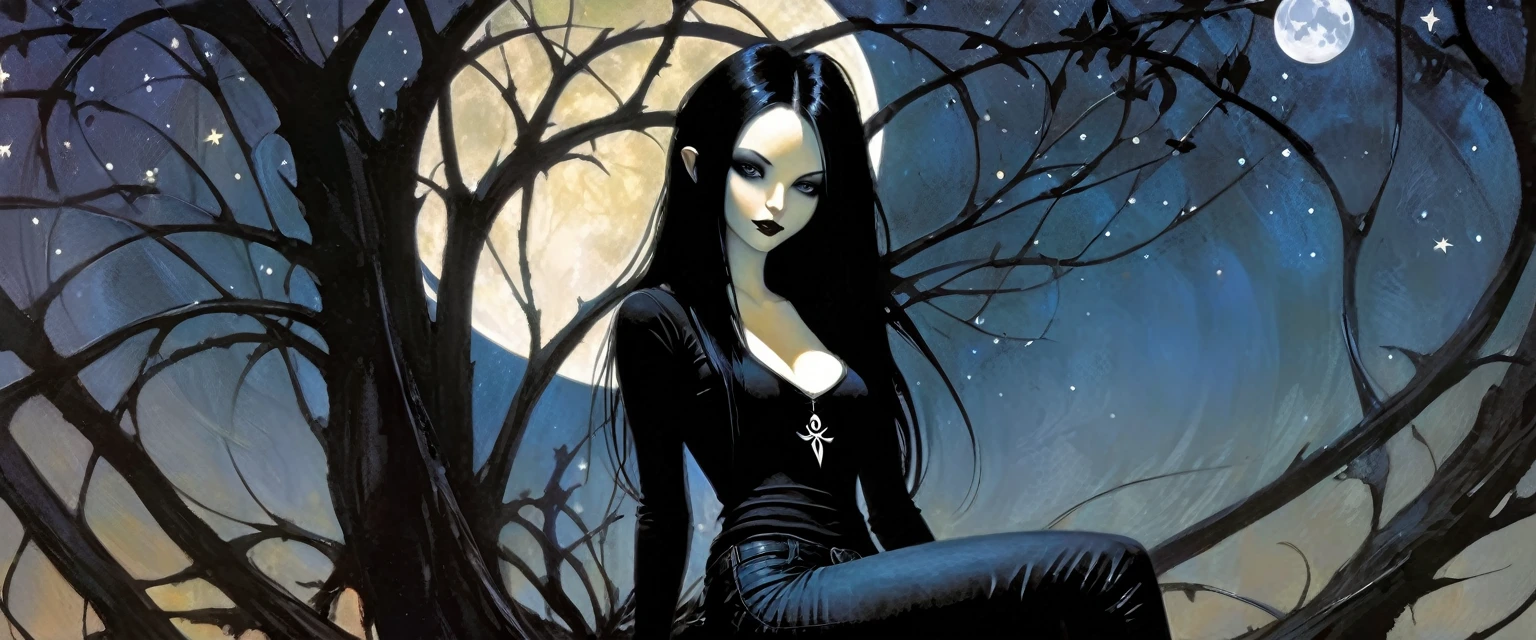 Sexy gothic girl, long black and straight hair, tight black t-shirt and jeans, small breasts, pale white skin tone, ankh symbol, a dark crow accompanies her, sitting under a tree with convoluted branches, magic, fantastic, night sky, moon , stars, background (simple oil painting in a Dave mcKean style)
