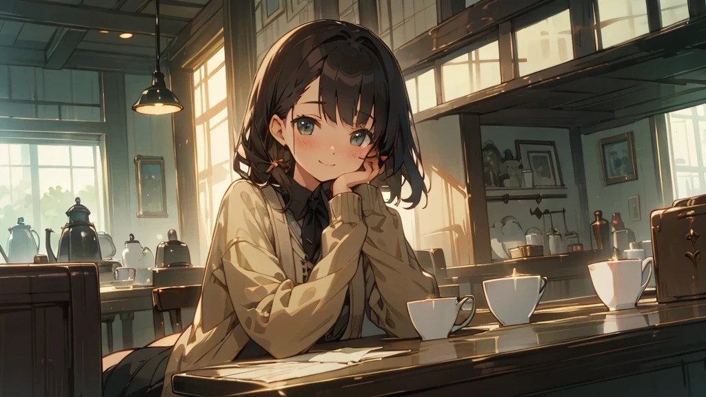 Stylish cafe、Anime Style、Freshly Brewed Coffee、Delicious looking baked goods、Relaxed atmosphere、Cozy atmosphere、Beautiful girl with dark hair sitting and drinking coffee、Wearing a beige cardigan、smile、Warm Light、avert your eyes、Ghibli style