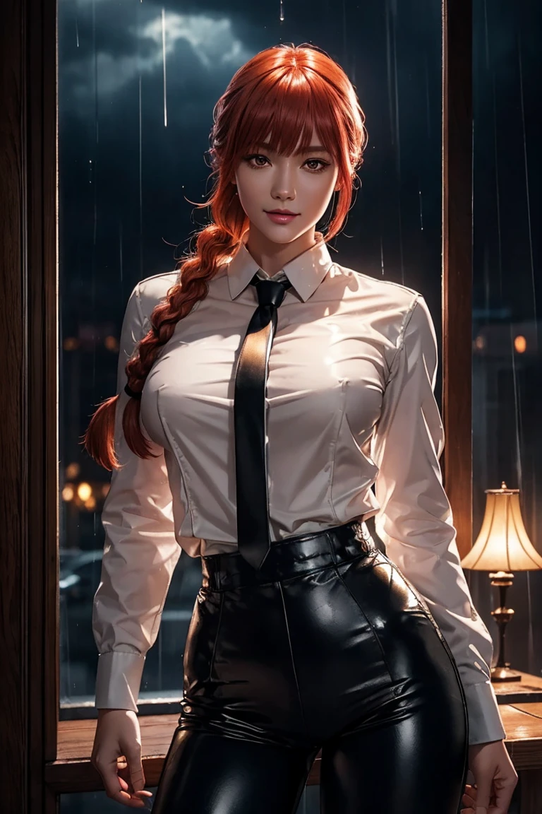 Chainsaw Man,Makima,With bangs,Red Hair,Braids at the back,Golden Eyes,White long sleeve shirt,Black tie,Black Leather Pants,Ultra HD,super high quality,masterpiece,Digital SLR,Photorealistic,Detailed Details部,Vivid details,Depicted in detail,A detailed face,Detailed Details,Super Detail,Realistic skin texture,Anatomical basis,Perfect Anatomy,Anatomically correct hand,Anatomically correct fingers,Complex 3D rendering,Sexy pose,Rainy Sky,Beautiful scenery,Fantastic rainy sky,Picturesque,Pink Lips,smile,