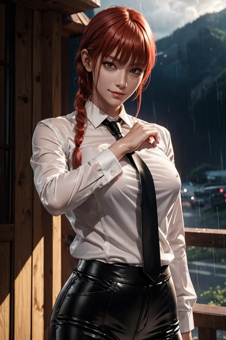 Chainsaw Man,Makima,With bangs,Red Hair,Braids at the back,Golden Eyes,White long sleeve shirt,Black tie,Black Leather Pants,Ultra HD,super high quality,masterpiece,Digital SLR,Photorealistic,Detailed Details部,Vivid details,Depicted in detail,A detailed face,Detailed Details,Super Detail,Realistic skin texture,Anatomical basis,Perfect Anatomy,Anatomically correct hand,Anatomically correct fingers,Complex 3D rendering,Sexy pose,Rainy Sky,Beautiful scenery,Fantastic rainy sky,Picturesque,Pink Lips,smile,