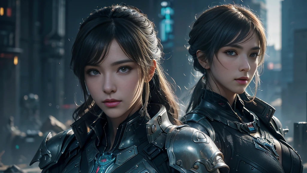 masterpiece,best quality,high resolution,8k,(portrait photo:1.5),(R original photo),real picture,digital photography,(Combination of cyberpunk and fantasy style),(female soldier),20 year old girl,Random hairstyle,through bangs,(big breasts, Accessories,Keep your mouth shut,Elegant and charming,Serious and arrogant,Calm and handsome,(Cyberpunk combined with fantasy style clothing,hollow-carved design,joint armor,photo poses,Realistic style,gray world background,oc render reflection texture,sentry