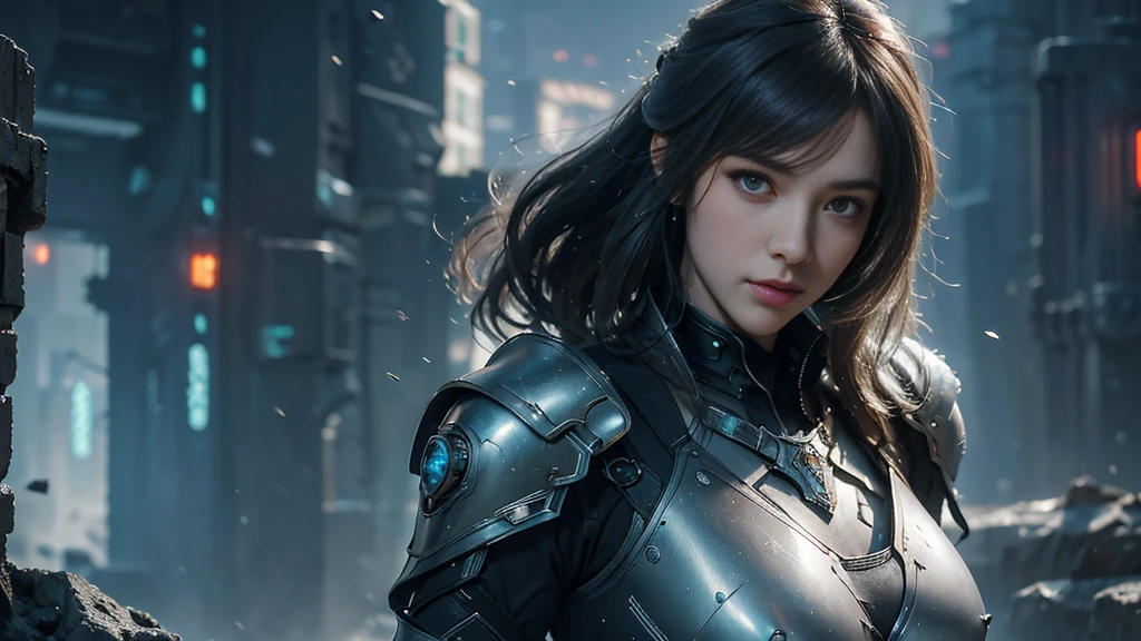 masterpiece,best quality,high resolution,8k,(portrait photo:1.5),(R original photo),real picture,digital photography,(Combination of cyberpunk and fantasy style),(female soldier),20 year old girl,Random hairstyle,through bangs,(big breasts, Accessories,Keep your mouth shut,Elegant and charming,Serious and arrogant,Calm and handsome,(Cyberpunk combined with fantasy style clothing,hollow-carved design,joint armor,photo poses,Realistic style,gray world background,oc render reflection texture,sentry