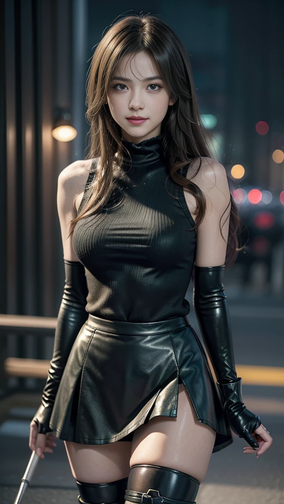 (8K, best quality, masterpiece: 1.2), (Practical, Reality: 1.37), Super Detail, A girl, Lovely, Solitary, (Tifa Lockhart), (Small Breasts), (漂亮的Eye), (Smile: 1.2), (closure), posture, dance, neon, city View, Depth of Field, Dark intense shadows, Clear focus, car, Motion Blur, 摩托car, Depth of Field, work, Glowing green, Final Fantasy VII, date, (nose brush), single Elbow pads, Ankle boots, Black Hair, extra short leather skirt, black thighs, Red boots, Elbow gloves, Elbow pads, Fingerless gloves, Tight shirt, Good exercise, (suspender extra short leather skirt), thigh, White vest, whole body, Headrest, Lips, Pretty Face, Low-tied long hair, (Red_Eye)), Flowers, (night: 1.3), complicated, Bokeh, light, Photon Mapping, Radiosity, Physically Based Rendering, (Tetsuya Nomura style)