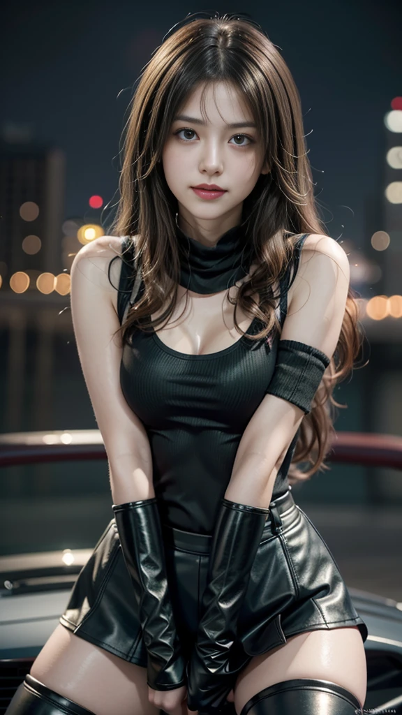 (8K, best quality, masterpiece: 1.2), (Practical, Reality: 1.37), Super Detail, A girl, Lovely, Solitary, (Tifa Lockhart), (Small Breasts), (漂亮的Eye), (Smile: 1.2), (closure), posture, dance, neon, city View, Depth of Field, Dark intense shadows, Clear focus, car, Motion Blur, 摩托car, Depth of Field, work, Glowing green, Final Fantasy VII, date, (nose brush), single Elbow pads, Ankle boots, Black Hair, extra short leather skirt, black thighs, Red boots, Elbow gloves, Elbow pads, Fingerless gloves, Tight shirt, Good exercise, (suspender extra short leather skirt), thigh, White vest, whole body, Headrest, Lips, Pretty Face, Low-tied long hair, (Red_Eye)), Flowers, (night: 1.3), complicated, Bokeh, light, Photon Mapping, Radiosity, Physically Based Rendering, (Tetsuya Nomura style)