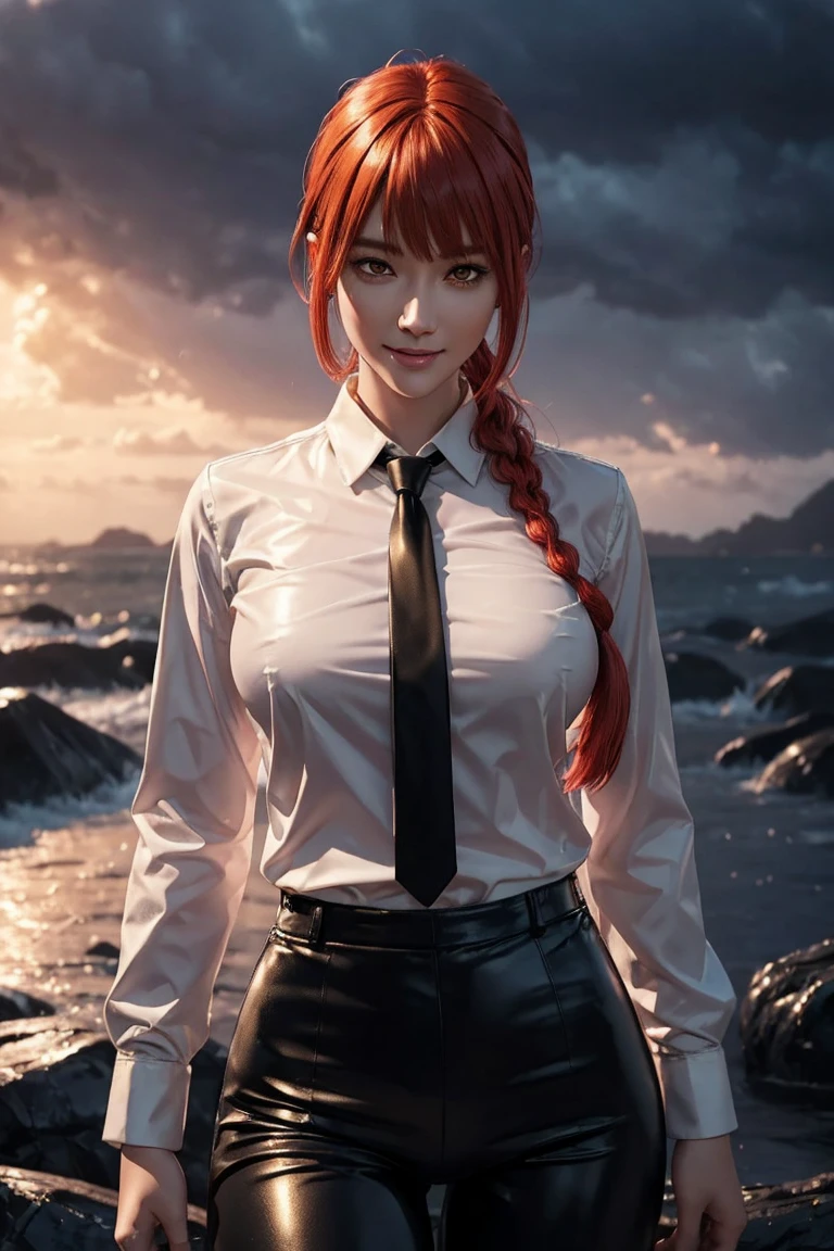 Chainsaw Man,Makima,With bangs,Red Hair,Braids at the back,Golden Eyes,White long sleeve shirt,Black tie,Black Leather Pants,Ultra HD,super high quality,masterpiece,Digital SLR,Photorealistic,Detailed details,Vivid details,Depicted in detail,A detailed face,Detailed details,Super Detail,Realistic skin texture,Anatomical basis,Perfect Anatomy,Anatomically correct hand,Anatomically correct fingers,Complex 3D rendering,Sexy pose,Rainy Sky,Beautiful scenery,Fantastic rainy sky,Picturesque,Pink Lips,smile,