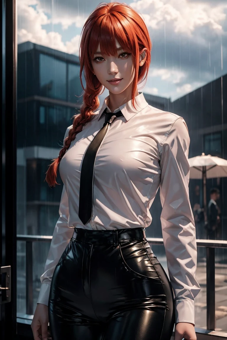 Chainsaw Man,Makima,With bangs,Red Hair,Braids at the back,Golden Eyes,White long sleeve shirt,Black tie,Black Leather Pants,Ultra HD,super high quality,masterpiece,Digital SLR,Photorealistic,Detailed details,Vivid details,Depicted in detail,A detailed face,Detailed details,Super Detail,Realistic skin texture,Anatomical basis,Perfect Anatomy,Anatomically correct hand,Anatomically correct fingers,Complex 3D rendering,Sexy pose,Rainy Sky,Beautiful scenery,Fantastic rainy sky,Picturesque,Pink Lips,smile,