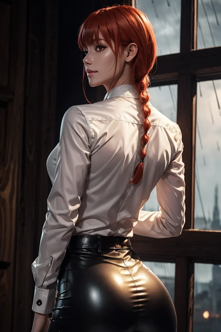 Chainsaw Man,Makima,With bangs,Red Hair,Braids at the back,Golden Eyes,White long sleeve shirt,Black tie,Black Leather Pants,Ultra HD,super high quality,masterpiece,Digital SLR,Photorealistic,Detailed details,Vivid details,Depicted in detail,A detailed face,Detailed details,Super Detail,Realistic skin texture,Anatomical basis,Perfect Anatomy,Anatomically correct hand,Anatomically correct fingers,Complex 3D rendering,Sexy pose,Beautiful back view,Rainy Sky,Beautiful scenery,Fantastic rainy sky,Picturesque,Pink Lips,smile,