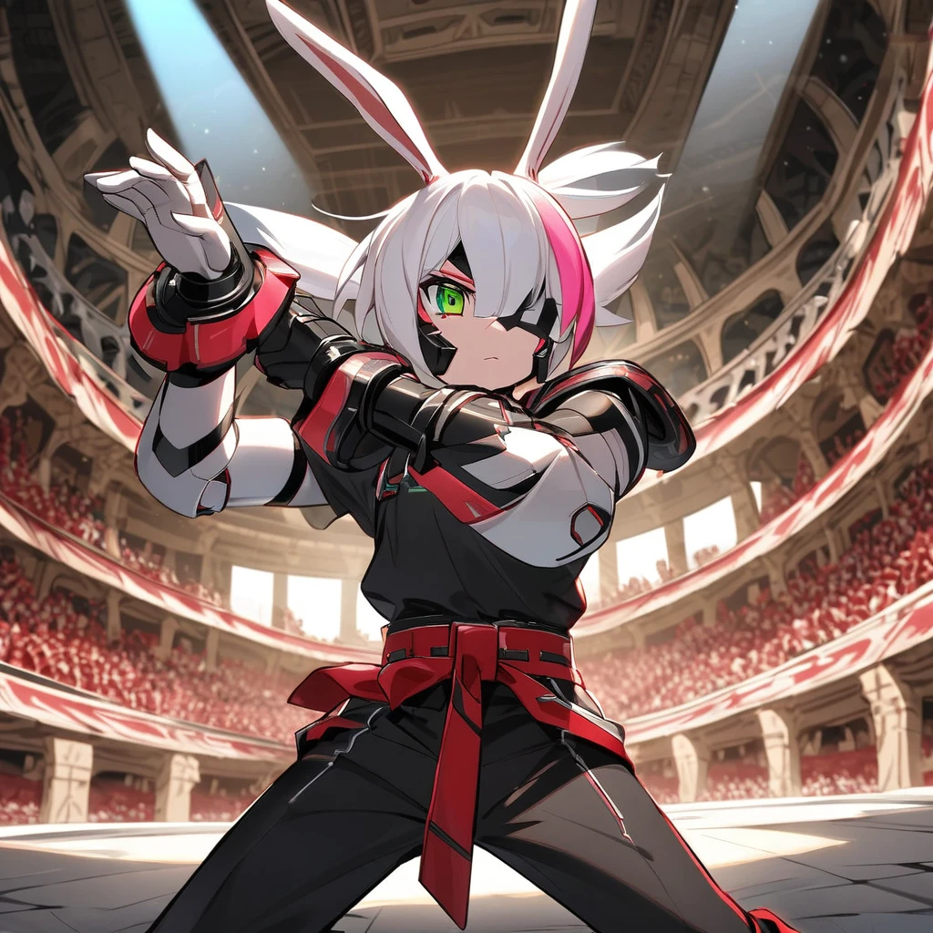 (well done: 1) solo humanoid white rabbit, dark pink left eye, green right eye, black tank top, bands on the hands up to the forearms, black pants with a red belt on the waist, red sneakers with black details. in a battle pose in a coliseum.