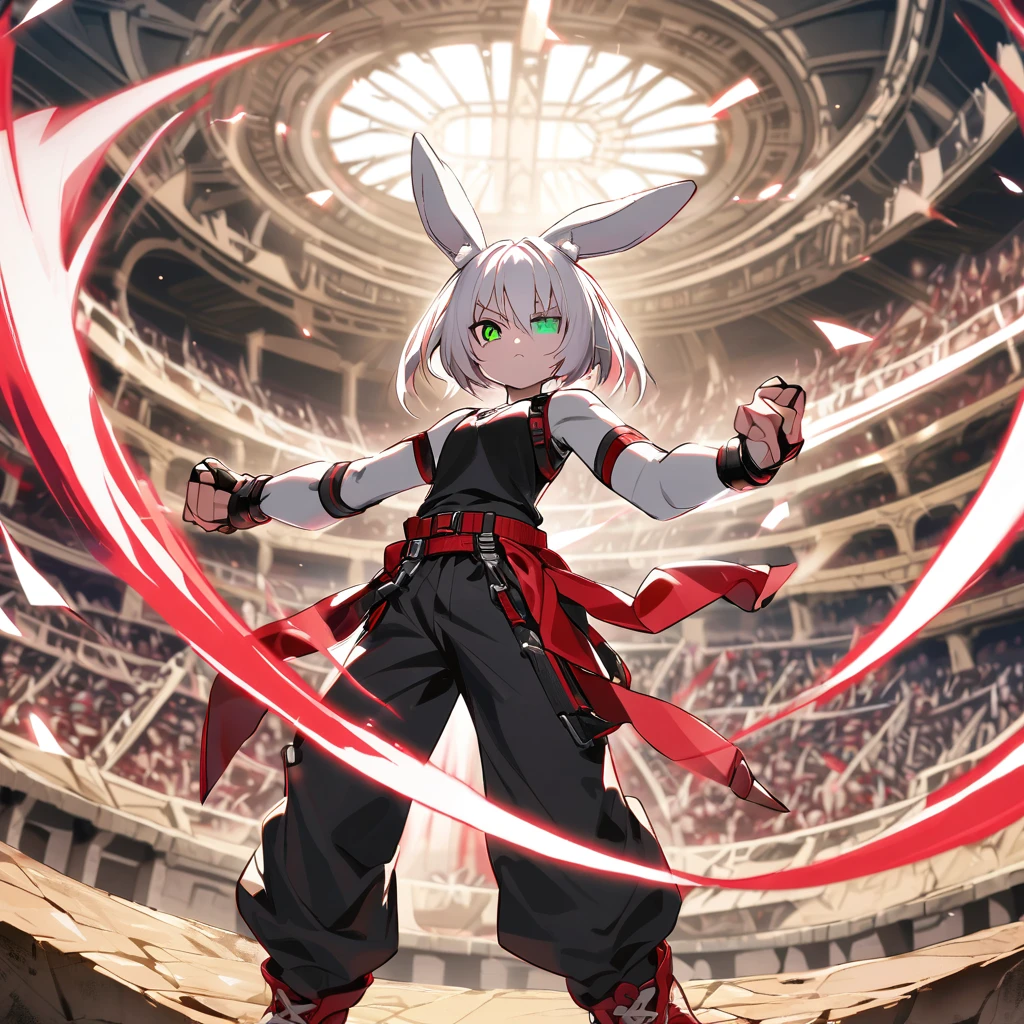 (well done: 1) solo humanoid white rabbit, dark pink left eye, green right eye, black tank top, bands on the hands up to the forearms, black pants with a red belt on the waist, red sneakers with black details. in a battle pose in a coliseum.