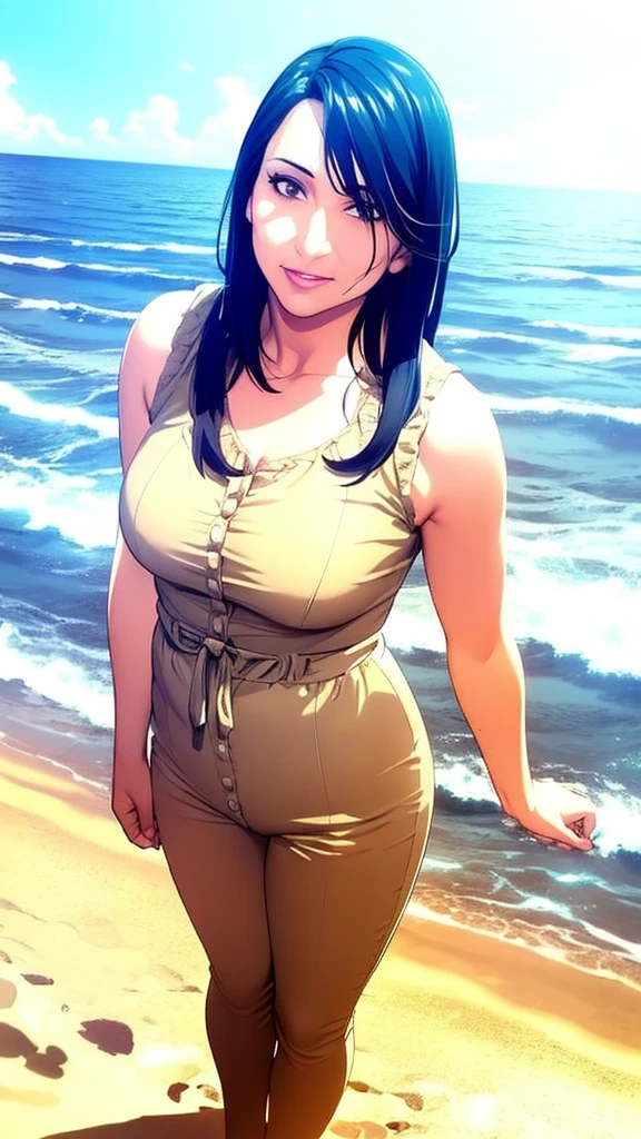 1girl with long black hair, detailed realistic face, beautiful detailed eyes, beautiful detailed lips, extremely detailed face, long eyelashes, woman standing on the beach, ocean waves, golden sunset sky, soft sand, tropical plants, photorealistic, 8k, high resolution, intricate details, cinematic lighting, vibrant colors, dramatic lighting, volumetric lighting, realistic skin textures, realistic clothing textures, hyper detailed, masterpiece