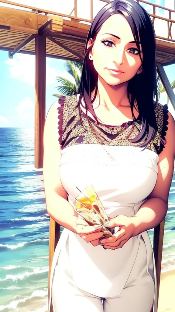 1girl with long black hair, detailed realistic face, beautiful detailed eyes, beautiful detailed lips, extremely detailed face, long eyelashes, woman standing on the beach, ocean waves, golden sunset sky, soft sand, tropical plants, photorealistic, 8k, high resolution, intricate details, cinematic lighting, vibrant colors, dramatic lighting, volumetric lighting, realistic skin textures, realistic clothing textures, hyper detailed, masterpiece
