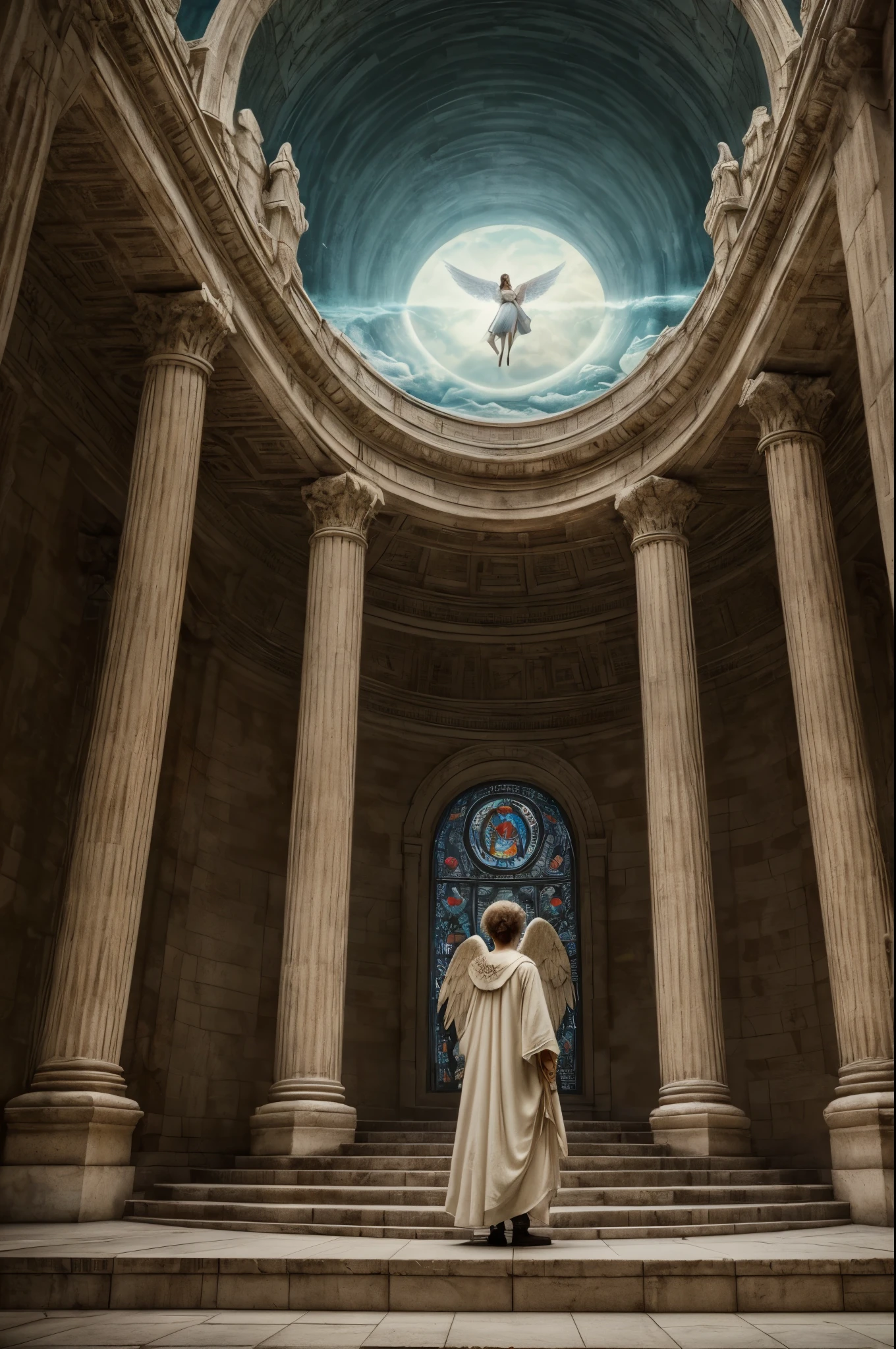 Tall male angel, God, War hero, Archangel Gabriel, Front view of the face, The scene takes place in the Heavenly Palace, Standing on the steps, (A cold overlook:1.3), Looking at the audience, Spread your huge wings, Pure white big wings, Detailed face and eyes, The female angel stands below,Towards Gabriel, War Mobilization Rally, Sacred white background, fantasy, golden and silver colors, (best quality,Very detailed,masterpiece,Human Development Report,Ultra HD,potassium:1.3),professional,Practical,RAW photos,Bright colors