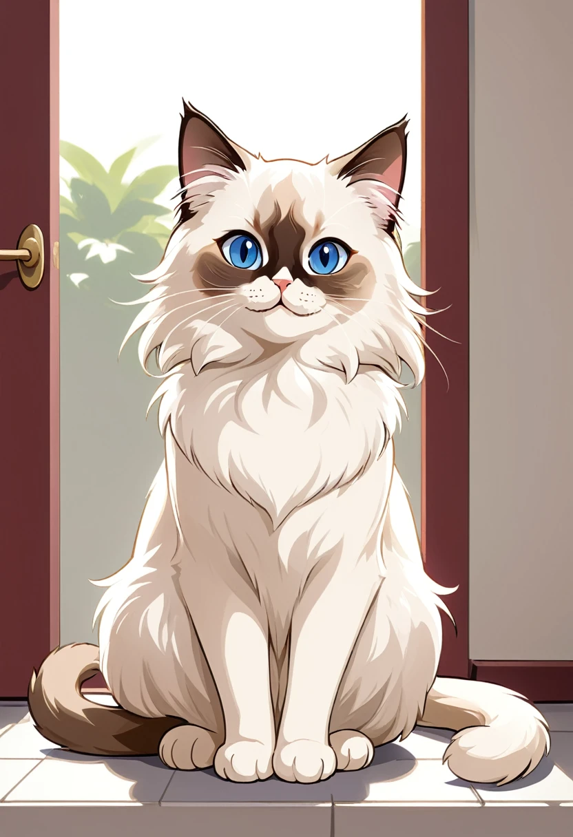 In the style of TOK, cute cat, cartoon cat, Birman cat, looking at the viewer, sitting, smiling, simple background